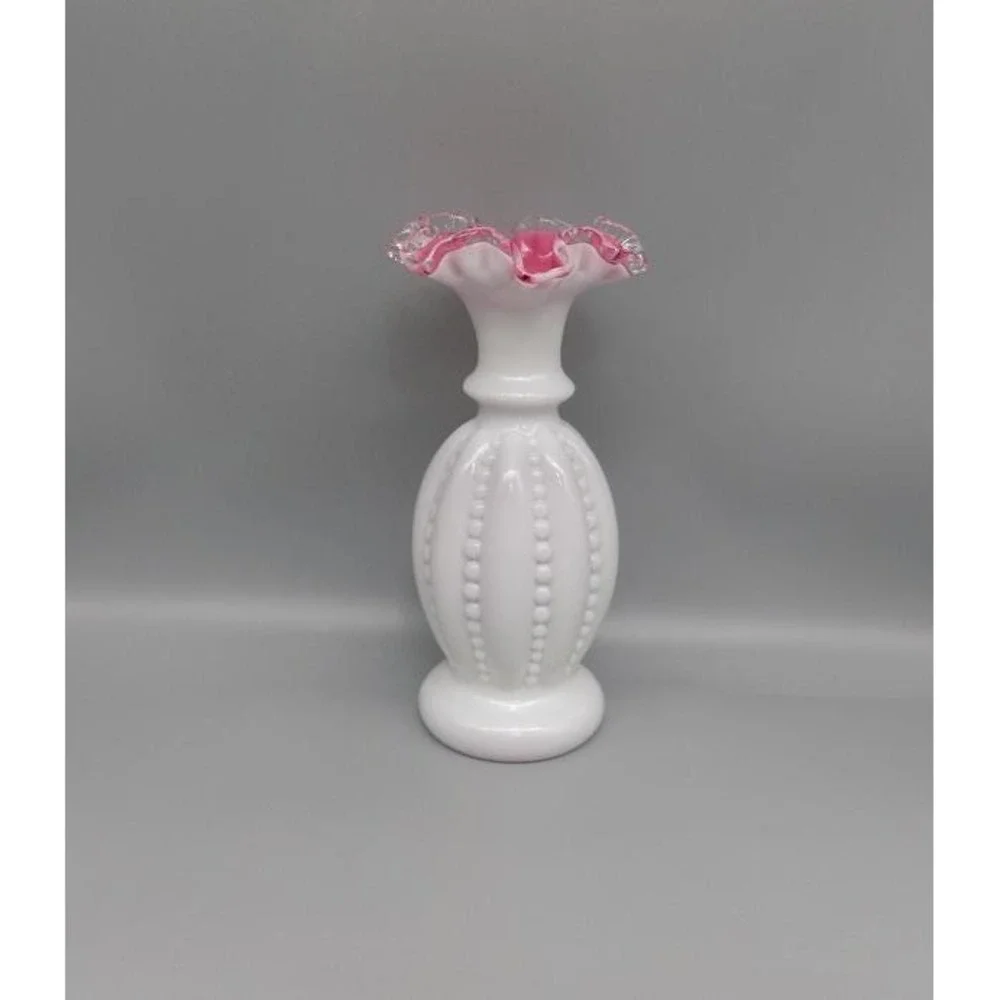Rare Fenton Vase Peach Crest Double Crimped Beaded Melon 50's Cased 8 3/4
